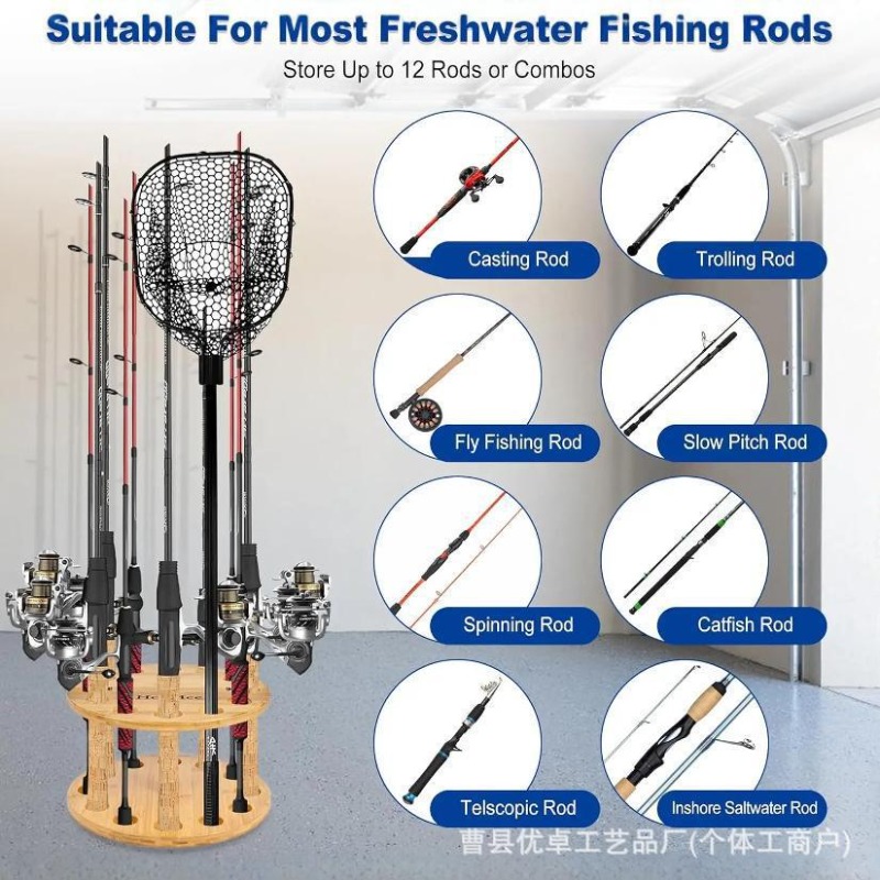 丸型無垢材釣り竿収納ラックディスプレイスタンド回転式多ポール - Fishing Rod Rack のレビューと価格